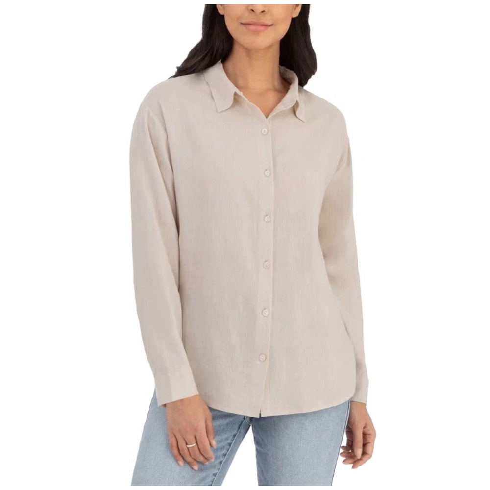 BlankNYC Womens Linen Blend Button Front Shirt Oatmeal Beige •L• Coastal Luxury
